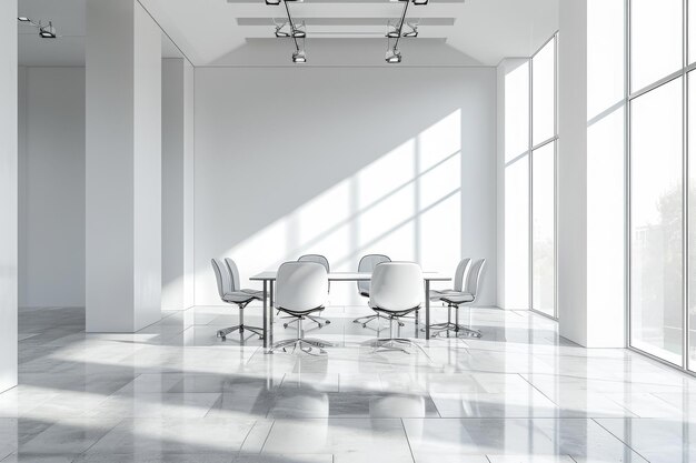 Просторный конференц-зал с длинным столом и несколькими стульями, готовым для встречи или презентации Пустой деловой офис с минималистской мебелью