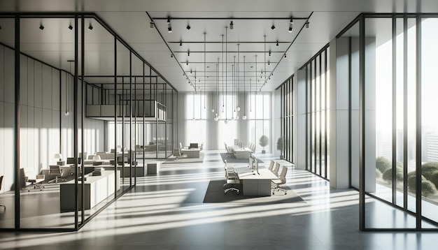 写真 スリムな家具と大きな窓を持つ広々とした現代的なオフィス generative ai