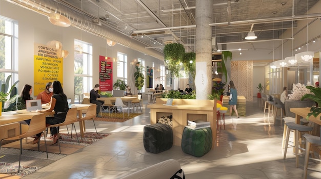Просторное совместное рабочее пространство с творческим и экологически чистым дизайном Яркий и просторный общий офис с крытыми растениями и совместными рабочими зонами