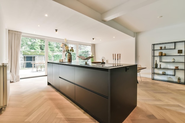 Spacious dining area with a small kitchen