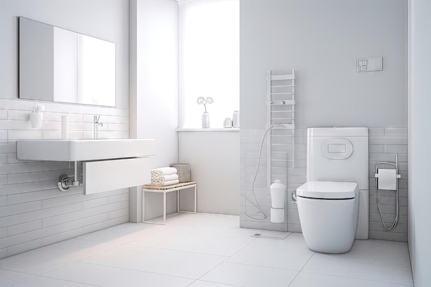 Просторная и элегантная ванная комната с большой ванной, умывальником из белой плитки, деревянным шкафом с выдвижным ящиком и большим зеркалом.