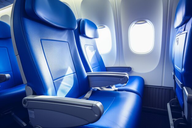 Spacious Empty aircraft blue interior light People chair Generate Ai