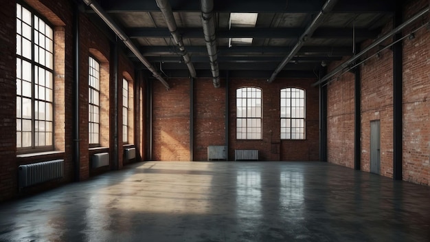 写真 spacious empty industrial loft with large windows and brick walls