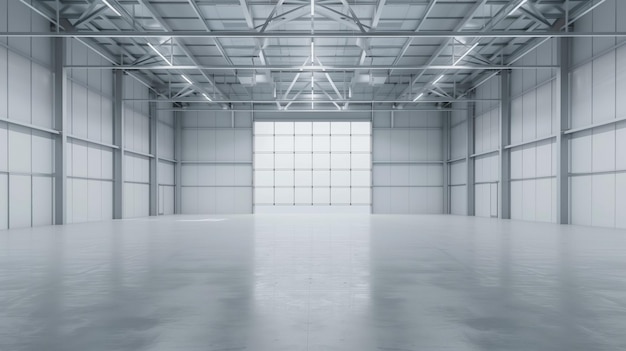 Spacious empty industrial warehouse interior with large windows and high ceiling