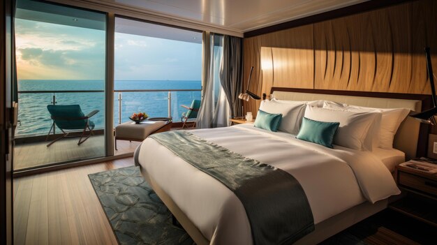 Photo spacious firstclass cruise cabin kingsized bed private balcony highend finishes oceanfront views