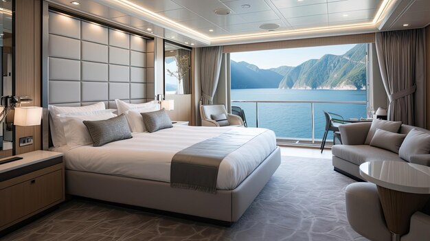 Photo spacious firstclass cruise cabin kingsized bed private balcony highend finishes oceanfront views