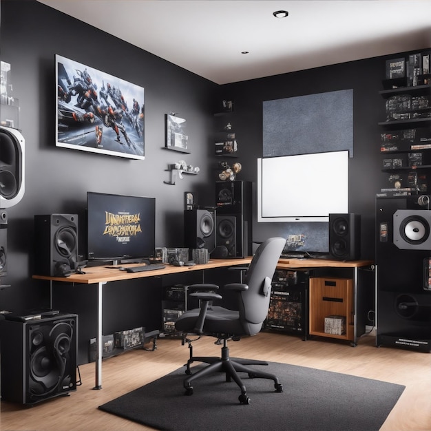 A spacious gaming room with a powerful PC industrialstyle speakers and wall decorations