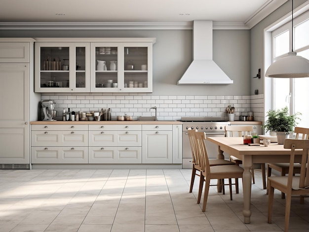 Spacious grey kitchen with furniture interior design AI Generation