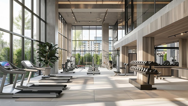 Spacious gym interior with large windows and a variety of equipment