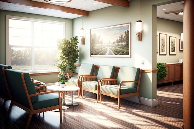 Spacious hospital reception with chairs and cozy sitting area