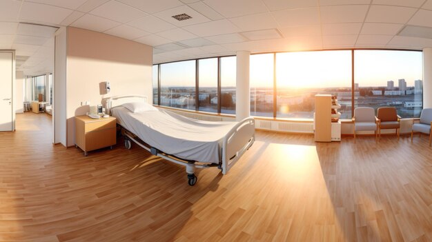 Spacious hospital room with panoramic windows and sunset view Healthcare and comfort concept Generative AI