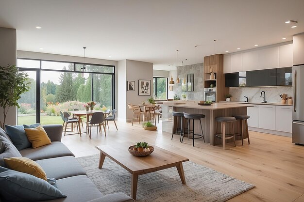 Foto spaziosa stanza della casa con sala da pranzo e cucina contrapposta a un accogliente soggiorno con divano