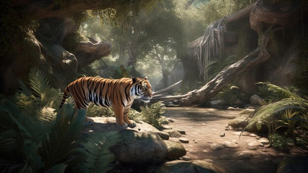 The spacious and immersive tiger enclosure featuring natural landscapes and stimulating elements Generated by AI