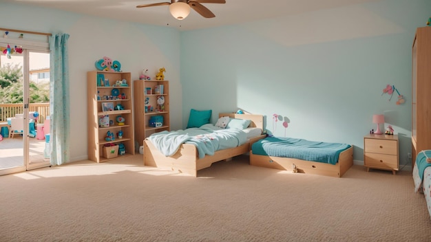 Просторная детская комната в красивых цветах и аккуратном дизайне