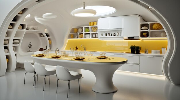 spacious kitchen dining room interior with an island with its chairs stools generativa IA