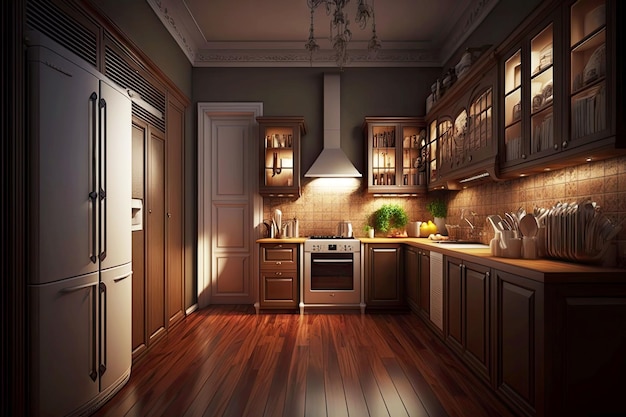 Spacious kitchen interior at night with wooden cabinets and floor generative ai