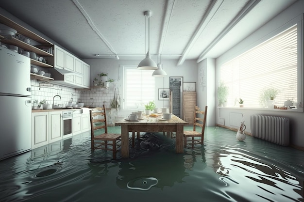 Spacious kitchen with wooden floor and appliances in flooded flat interior created with generative a