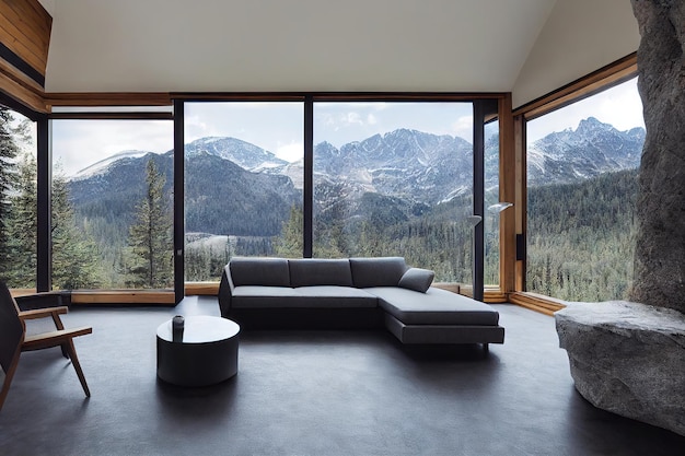 Spacious kitchenette with corner grey sofa overlooking languid forest and mountains