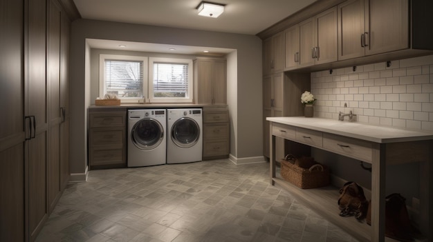 Spacious laundry room in a contemporary home with a combination of wood and tile finishes washer and