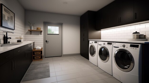 Spacious laundry room in a contemporary home with monochrome finishes in white gray and black washer