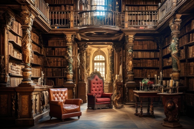 A spacious library filled with numerous bookshelves and comfortable chairs inviting readers to explore and relax An old traditional library filled to the brim with books AI Generated