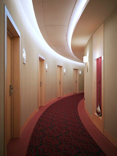 Просторный светлый коридор гостиницы в современном стиле с множеством дверей, ведущих в комнаты. Электронный замок двери карты. 3D визуализация