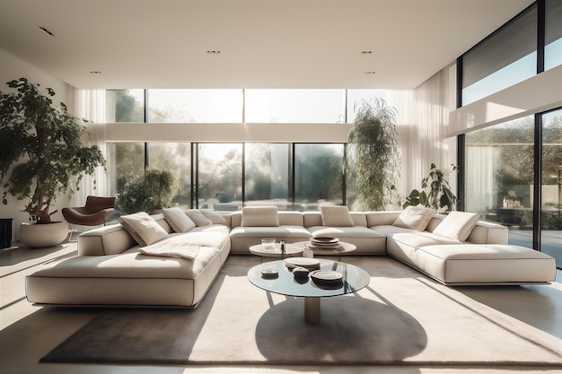 Spacious light living room in luxury villa with sunlight AI generated