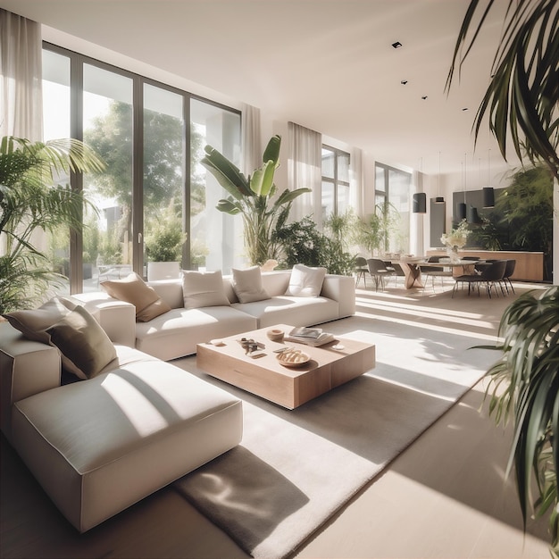 Spacious light living room in luxury villa with sunlight AI generated