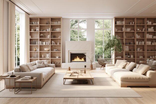 Premium Photo | Spacious Living Room With Furniture and Fireplace