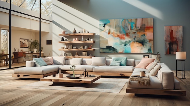 Spacious living room with modern sofas wooden floors pastel colored walls large open space