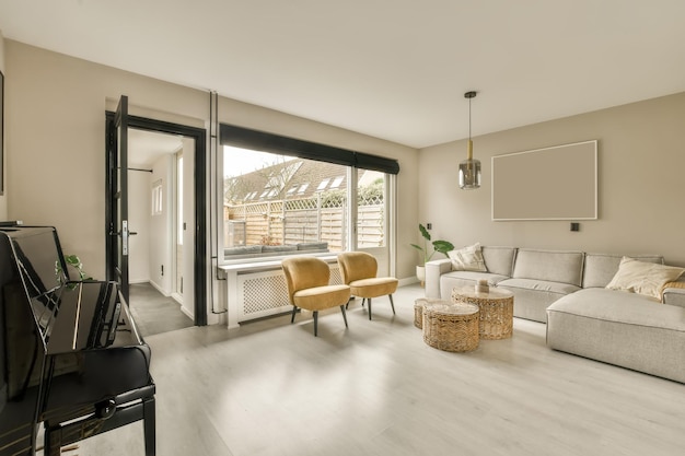 A spacious living room with a piano