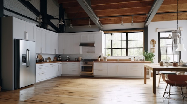 Просторная кухня в стиле лофт с обеденной зоной белые фасады большой деревянный стол современная кухня applian
