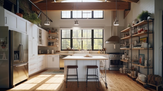 Spacious loft style kitchen with dining area white facades open shelves island with bar stools moder