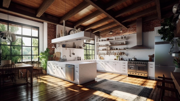 Spacious loft style kitchen with dining area white facades open shelves modern kitchen appliances wo