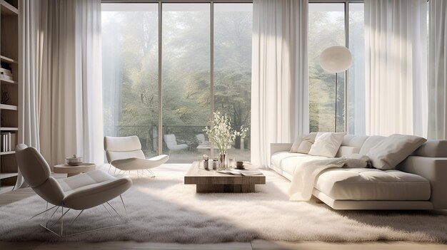 Spacious luxury interior living room with semi transparent voile curtains
