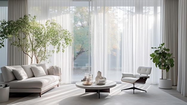 Foto ampio salotto interno di lusso con tende a voile semi-trasparenti