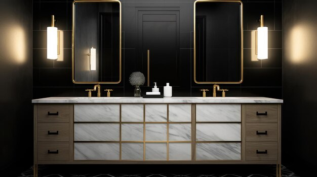 Spacious master bathroom in modern classic style with two sinks black walls large precious wooden ca