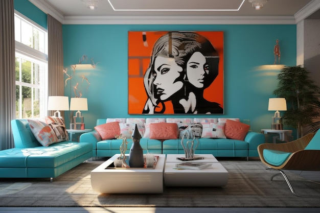 Просторный современный дизайн интерьера гостиной с диваном и красочными украшениями
