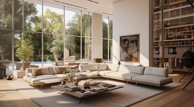 Spacious modern living room with large windows to the landscaped exterior with white walls