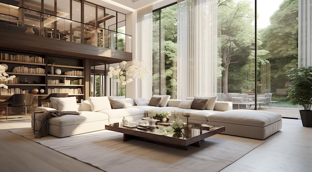 spacious modern living room with large windows to the outside generativa IA