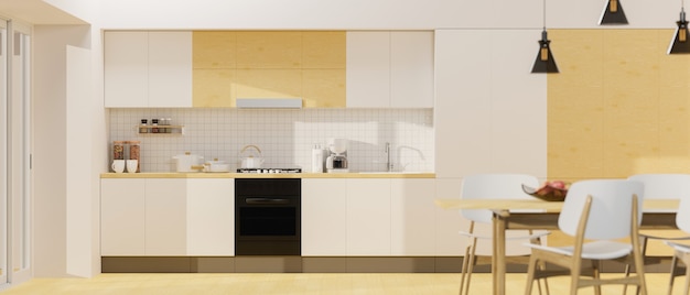Интерьер просторной современной минималистской кухни в стиле белых и деревянных материалов с обеденным столом.