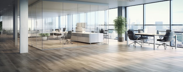 Spacious Modern Office Interior with City Skyline