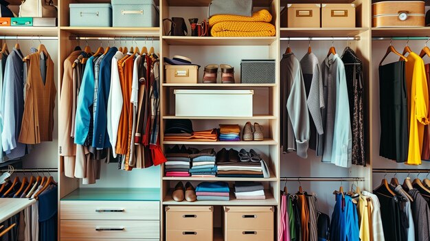 Spacious modern system storage organization wardrobe with boxes and containers