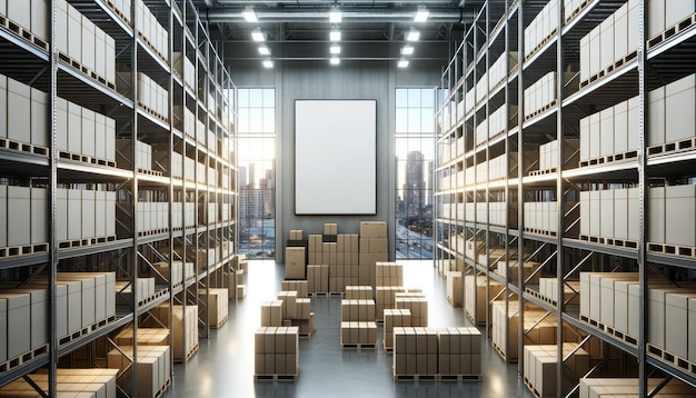 Photo spacious modern warehouse interior with rows of shelves and boxes generative ai
