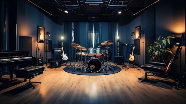 Spacious music studio complete with modern musical instruments quiet room and bright Generate AI