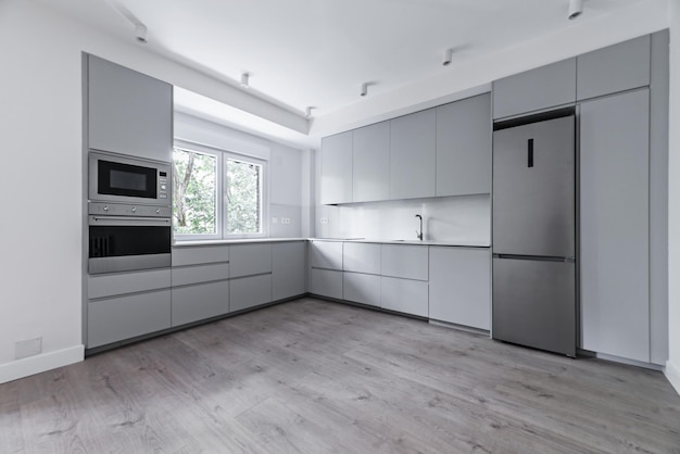 Spacious newly renovated kitchen with gray cabinets