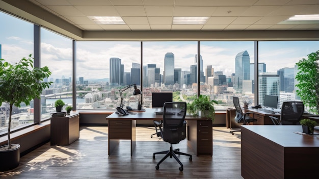 Photo a spacious office with a view of the cityscape