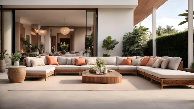 A spacious patio adorned with sleek rattan sectional sofas and a matching coffee table