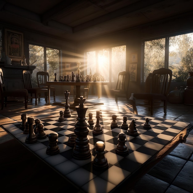 Spacious room with chess boards on the floor and on the table Chess figures in the rays of sun Generative AI