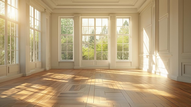 Spacious Room With Large Windows and Wooden Floors